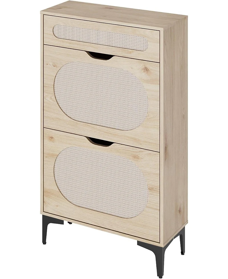 Rattan Shoe Cabinet with 2 Flip Drawers and 1 Pull-Out Drawer, 3-Position Adjustable Shelf, Narrow Shoe Cabinet for Entryway/Porch, Oak
