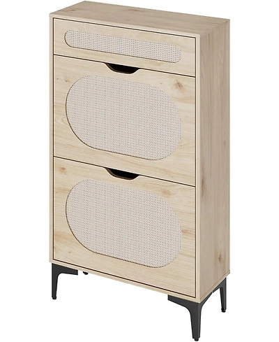 Rattan Shoe Cabinet with 2 Flip Drawers and 1 Pull-Out Drawer, 3-Position Adjustable Shelf, Narrow Shoe Cabinet for Entryway/Porch, Oak