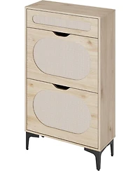 Rattan Shoe Cabinet with 2 Flip Drawers and 1 Pull-Out Drawer, 3-Position Adjustable Shelf, Narrow Shoe Cabinet for Entryway/Porch, Oak