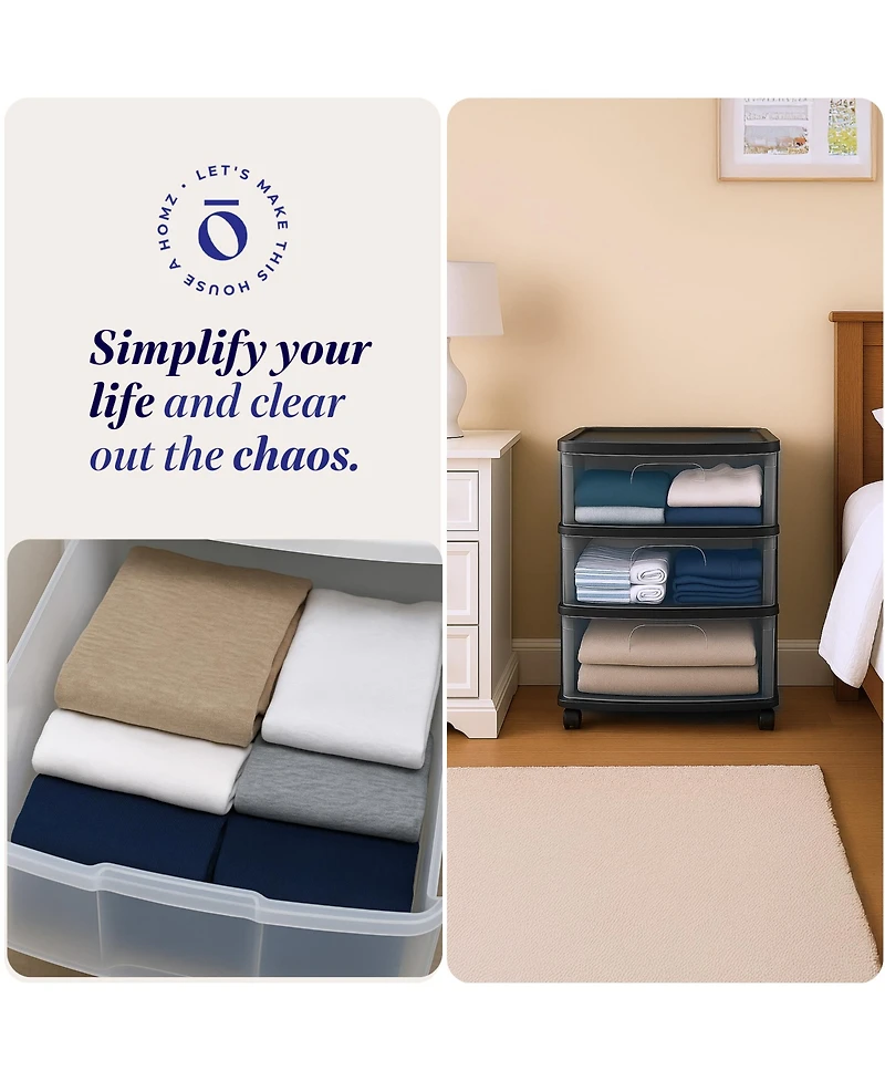 Homz Tall Solid Plastic 3 Drawer Medium Storage Cart with Caster Wheels, Black