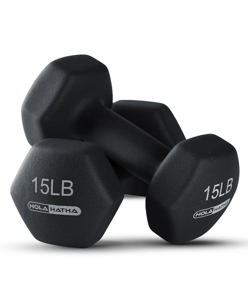 HolaHatha 5, 10, and 15 Pound Neoprene Dumbbell Free Hand Weight Set with Rack