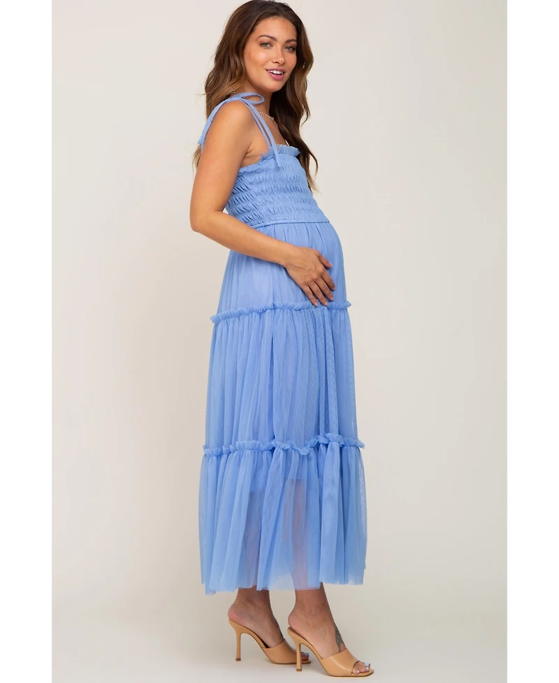 Pinkblush Maternity Light Blue Smocked Mesh Midi Dress
