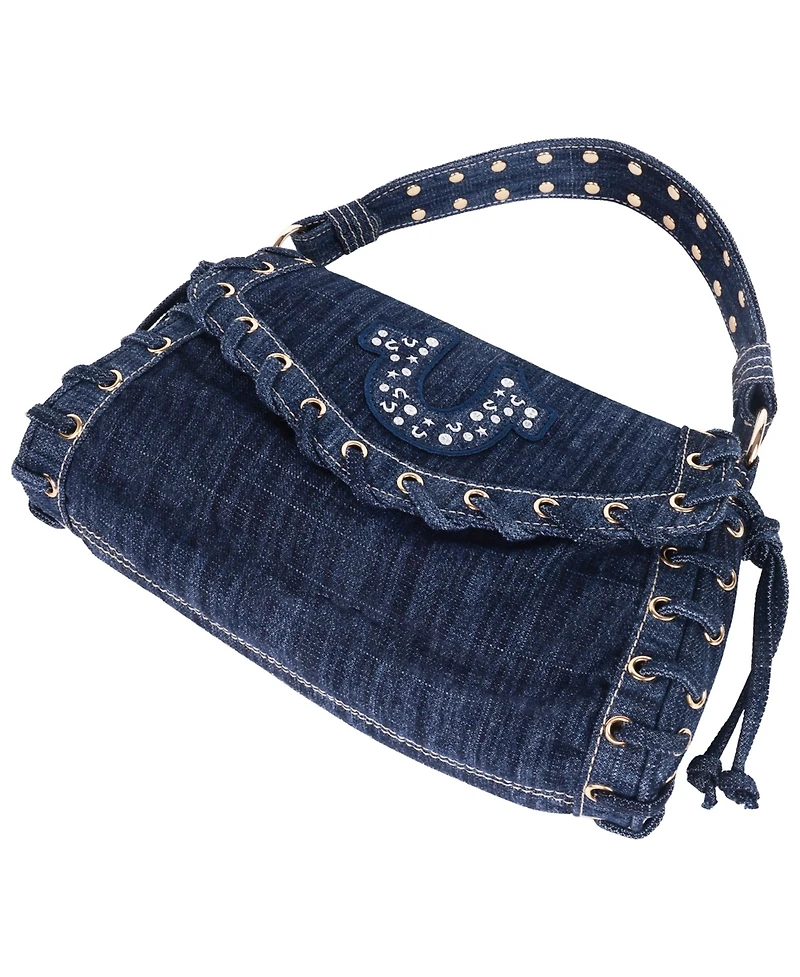 True Religion Studded Horseshoe Eyelet Denim Flap Bag