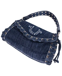 True Religion Studded Horseshoe Eyelet Denim Flap Bag