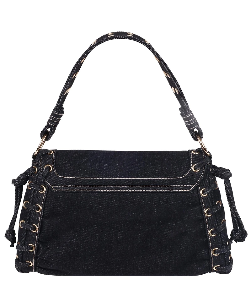 True Religion Studded Horseshoe Eyelet Denim Flap Bag