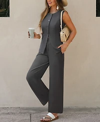 Cupshe Women's Sleeveless Button Front Wide Leg Pants Matching Set