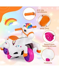 Gymax 12V Kids Ride on Unicorn Toy w/ Training Wheels Music One-button Start & Led Power Display