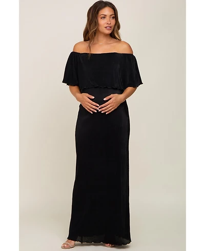 Pinkblush Maternity Burgundy Pleated Ruffle Off Shoulder Maxi Dress