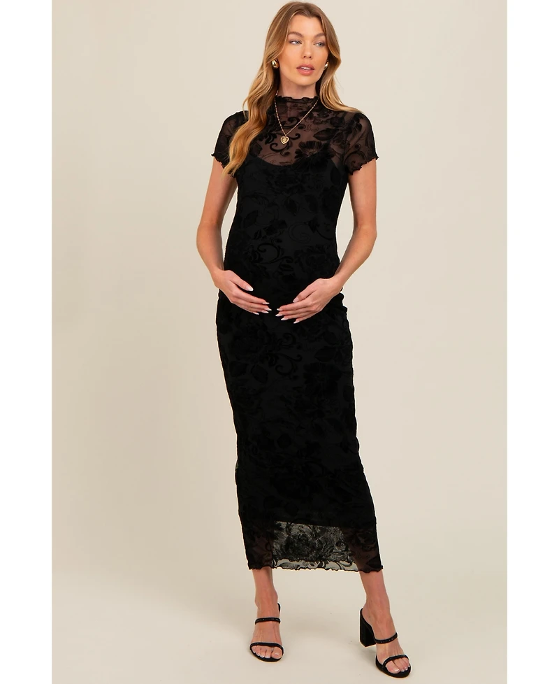 Pinkblush Black Floral Mesh Overlay Fitted Maternity Maxi Dress