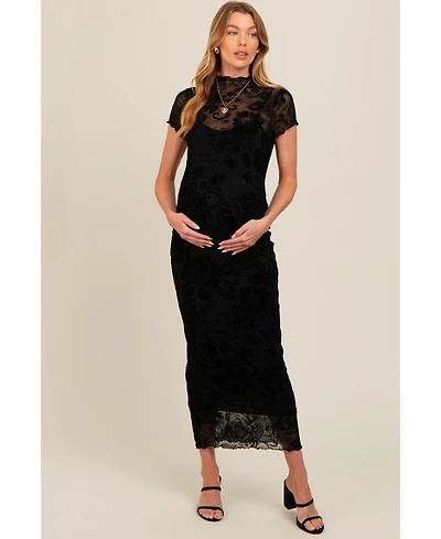 Pinkblush Black Floral Mesh Overlay Fitted Maternity Maxi Dress