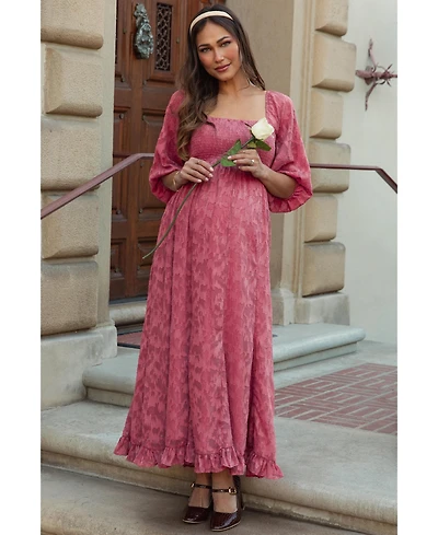 Pinkblush Maternity Mauve Textured Overlay Smocked Ruffled Hem Maxi Dress