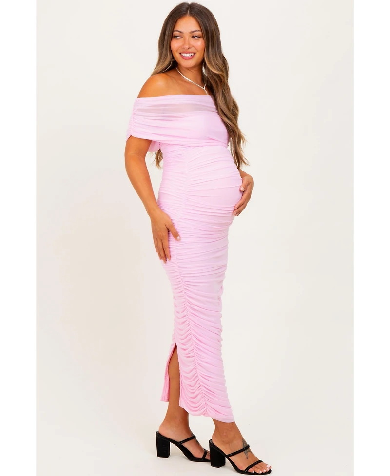 Pinkblush Maternity Light Pink Ruched Mesh Foldover Off Shoulder Maxi Dress