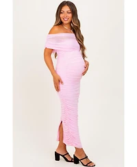 Pinkblush Maternity Light Pink Ruched Mesh Foldover Off Shoulder Maxi Dress