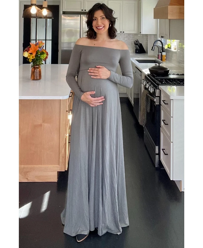 Pinkblush Maternity Olive Solid Off Shoulder Maxi Dress