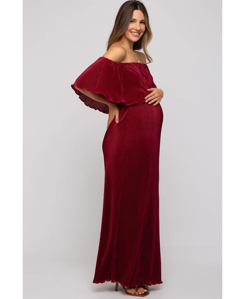 Pinkblush Maternity Forest Green Pleated Ruffle Off Shoulder Maxi Dress