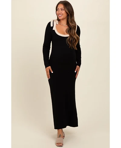 Pinkblush Maternity Black Shoulder Bow Detail Maxi Sweater Dress