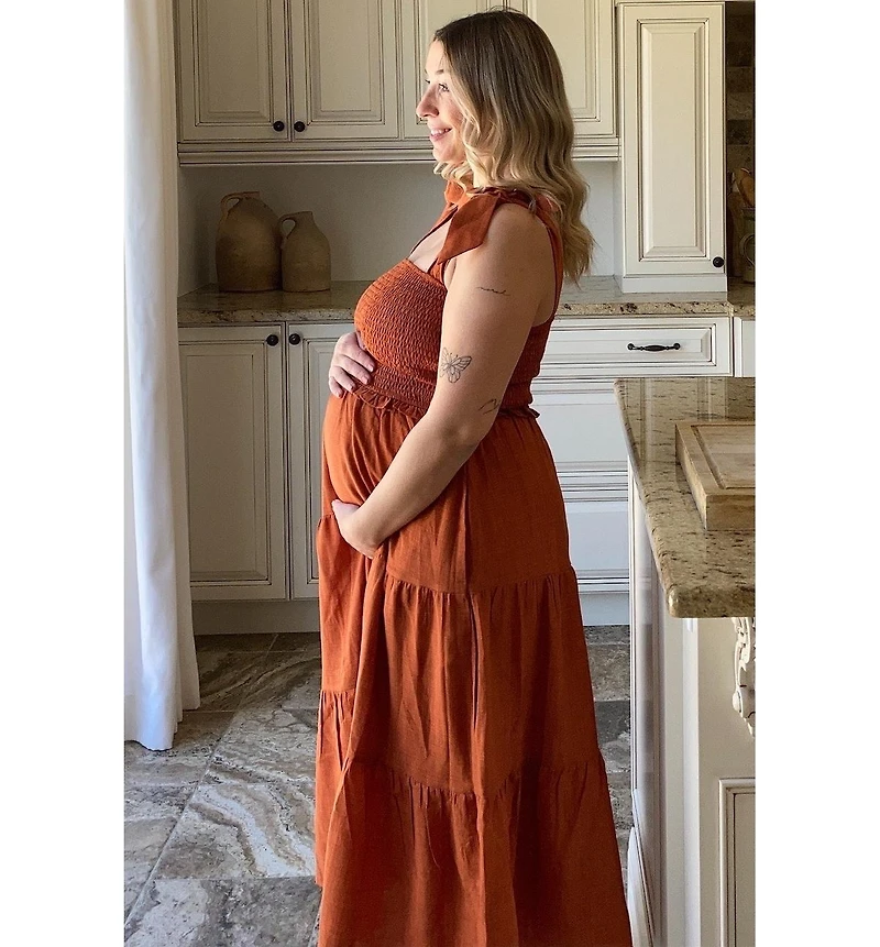 Pinkblush Maternity Beige Bow Strap Tiered Midi Dress