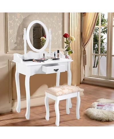 Volenca Wooden Vanity Table Set with Oval Mirror and Cushioned Stool