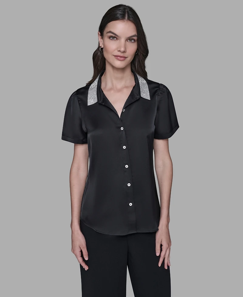 Karl Lagerfeld Paris Women's Collar Embellished Short Sleeve Top