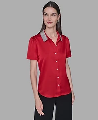 Karl Lagerfeld Paris Women's Collar Embellished Short Sleeve Top