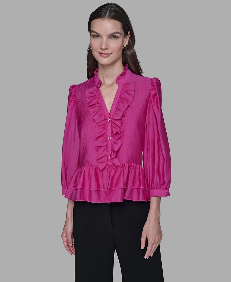 Karl Lagerfeld Paris Women's V-Neck Ruffle Detail Top