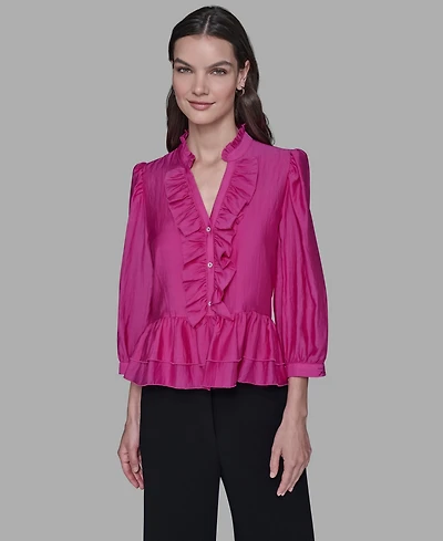 Karl Lagerfeld Paris Women's V-Neck Ruffle Detail Top