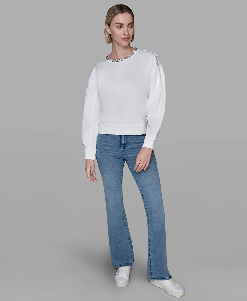 Karl Lagerfeld Paris Women's Crewneck Crystal Neck Top