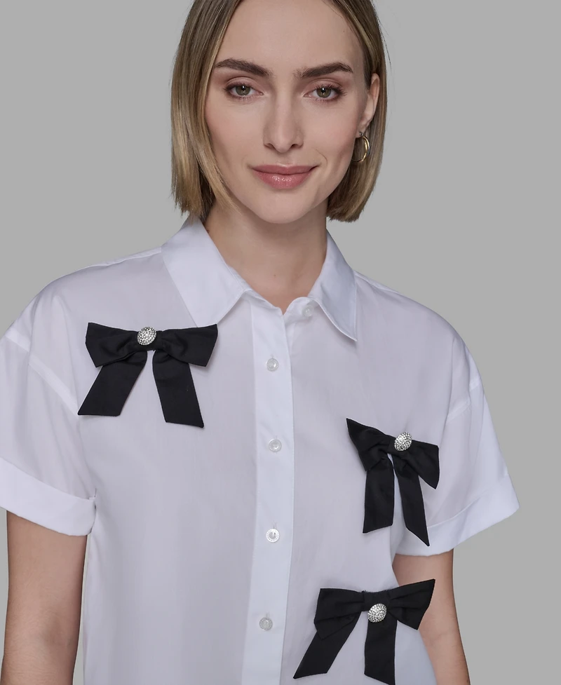 Karl Lagerfeld Paris Women's Collar Bow Applique Detail Top