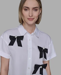 Karl Lagerfeld Paris Women's Collar Bow Applique Detail Top