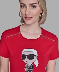 Karl Lagerfeld Paris Women's Crewneck Embellished Zip Shoulder T-Shirt