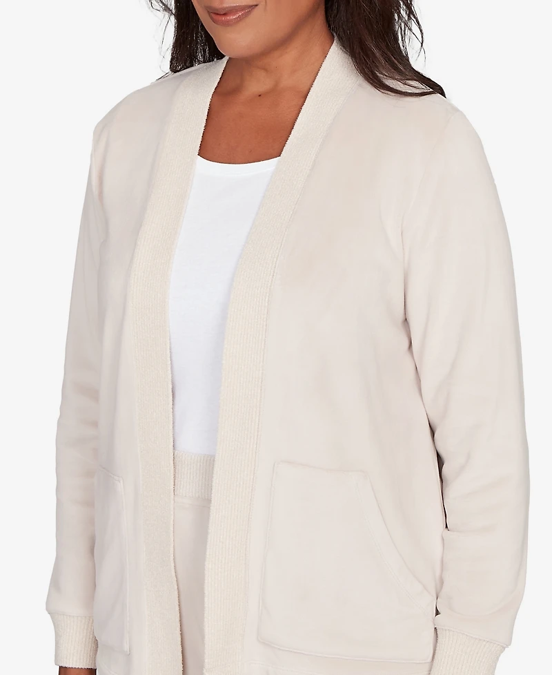 Alfred Dunner Calm Luxe Open Front Rib Trim Cardigan Top