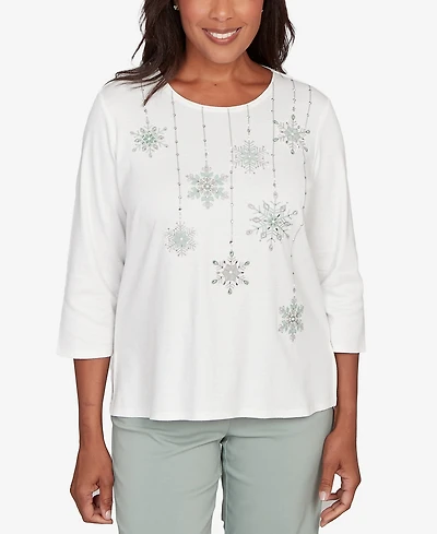 Alfred Dunner Stockbridge Snowflake Mother of Pearl Studded Shimmer Top