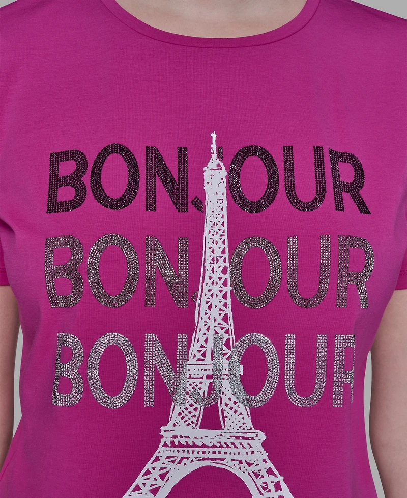 Karl Lagerfeld Paris Women's Crewneck Bonjour Eiffel Tower Embellished T-Shirt