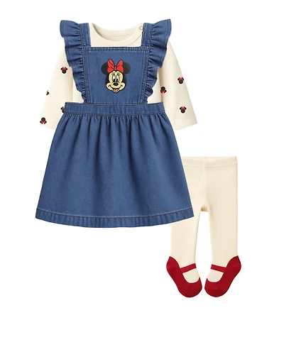 Disney Baby Girls 3-Piece Minnie Mouse Denim Jumper, Bodysuit and Tights Set