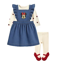 Disney Baby Girls 3-Piece Minnie Mouse Denim Jumper, Bodysuit and Tights Set