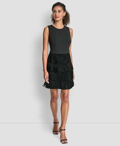 Dkny Women's Sleeveless Tiered Studded Fringe Shift Dress