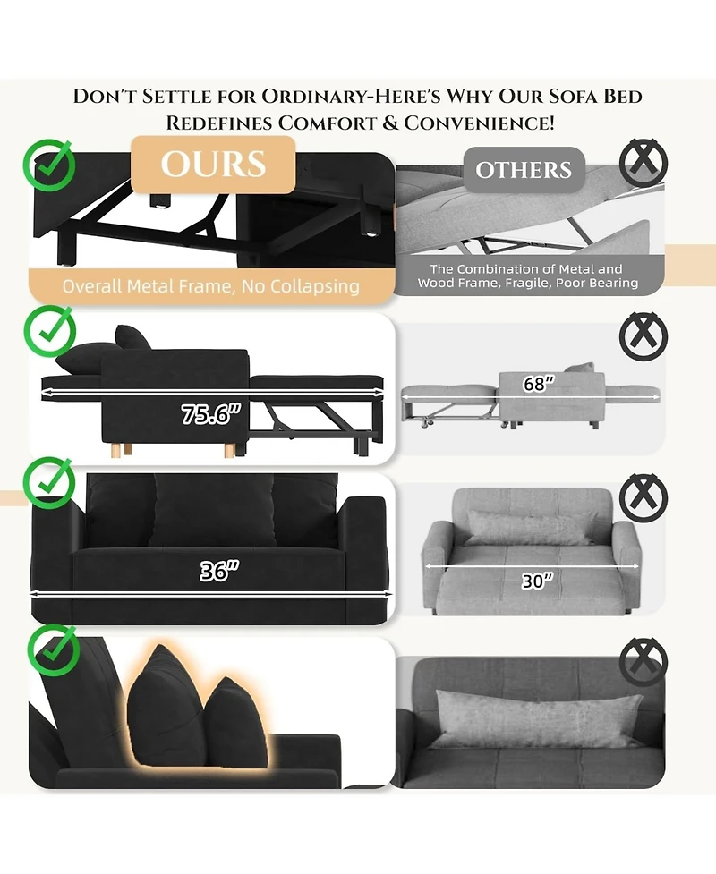 Aecojoy 36" Sleeper Chair, Convertible Chair Bed for Adults, 3-in-1 Pull Out Sofa