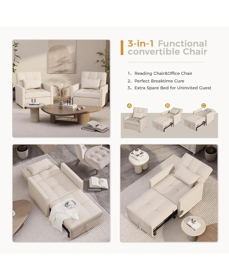 Aecojoy 31.5" Sleeper Chair, Convertible Chair Bed for Adults, 3-in-1 Pull Out Sofa Chair