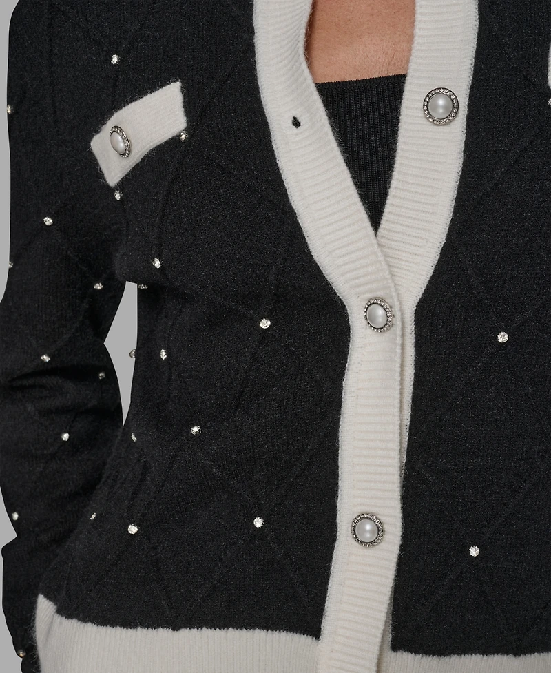 Karl Lagerfeld Paris Women's Crew Neck Front-Button Cardigan Sweater