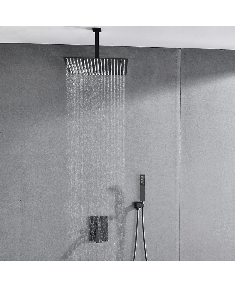 Rainsken Ceiling Mount Shower Faucet Set, Rain Mixer Shower Combo Set with Hand Shower, 16 inch Shower Head and Tub Spout, Matte Black