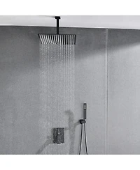 Rainsken Ceiling Mount Shower Faucet Set, Rain Mixer Shower Combo Set with Hand Shower, 16 inch Shower Head and Tub Spout, Matte Black