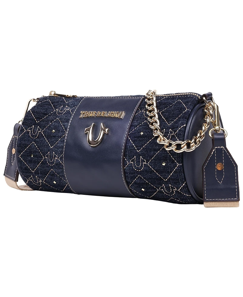 True Religion Studded Denim Zip Top Barrel Bag