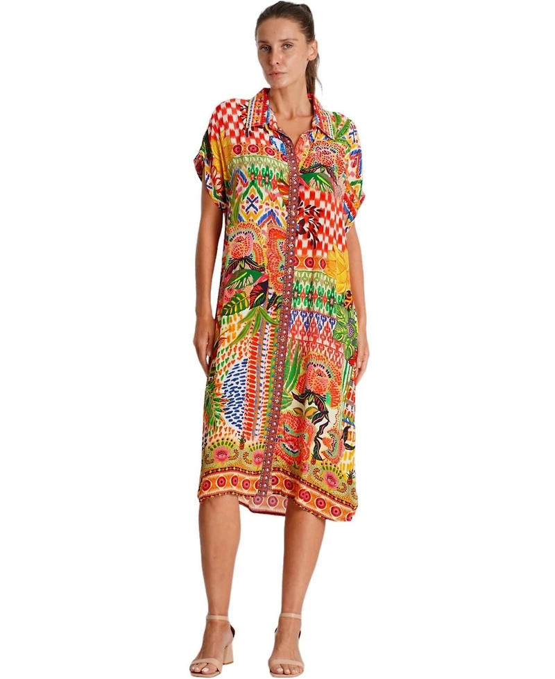La Moda Clothing Women's Midi Summer Dress with Collared Neck, Short Sleeves, and Side Slits