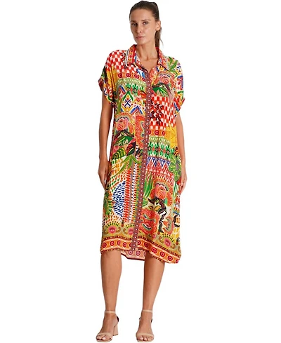 La Moda Clothing Women's Midi Summer Dress with Collared Neck, Short Sleeves, and Side Slits