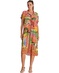 La Moda Clothing Women's Midi Summer Dress with Collared Neck, Short Sleeves, and Side Slits