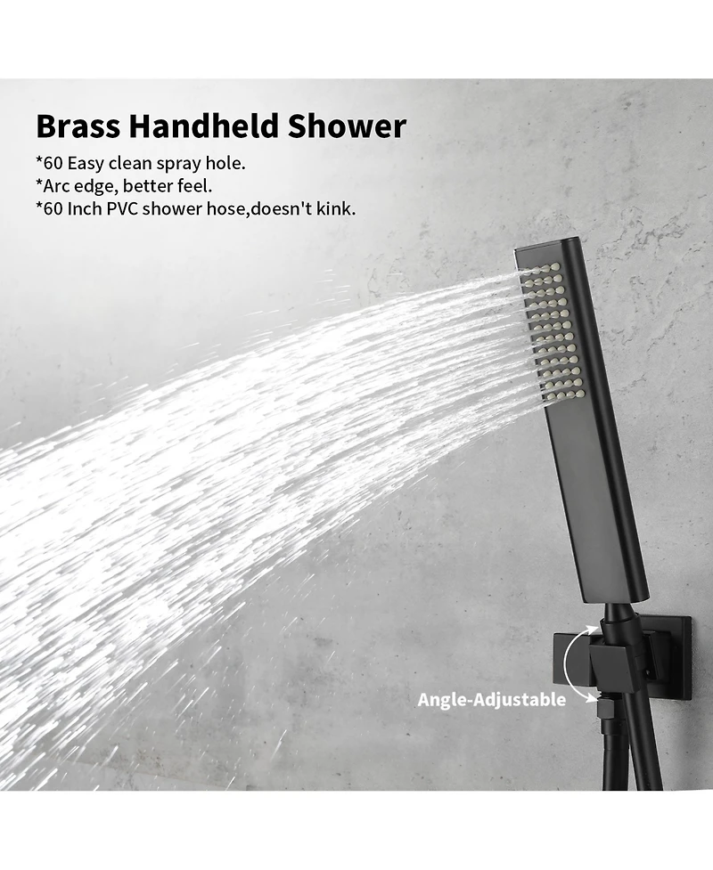 Rainsken Male Npt Bathtub Shower Faucet Set, Waterfall Tub Faucet with 12-Inch Matte Black Rain Shower Head System