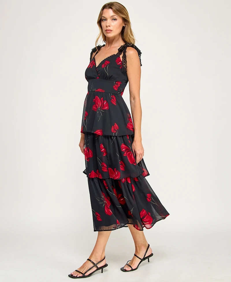 Row A Juniors' Sleeveless Tiered Floral Midi Dress