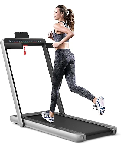 2-in-1 Electric Folding Treadmill with Dual Display for Home Fitness, Silver