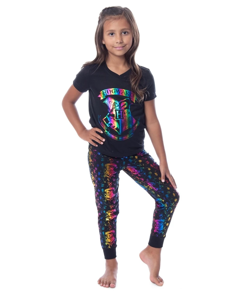 Harry Potter Girls Rainbow Foil Hogwarts Crest 2PC Lounge Pajama Jogger Pant Set Sleepwear