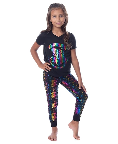 Harry Potter Girls Rainbow Foil Hogwarts Crest 2PC Lounge Pajama Jogger Pant Set Sleepwear